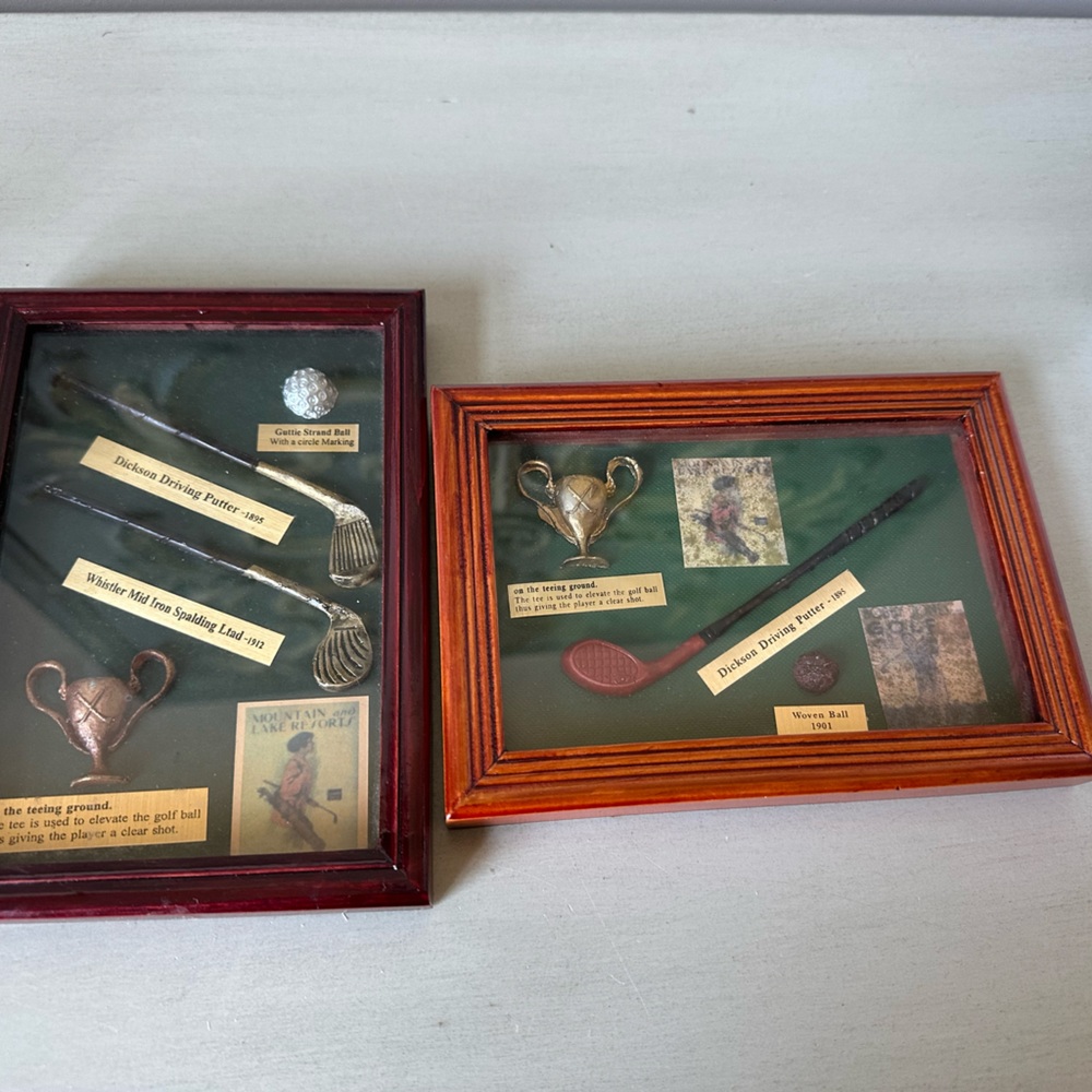 Vintage golf shadow box wall hangings set of 2